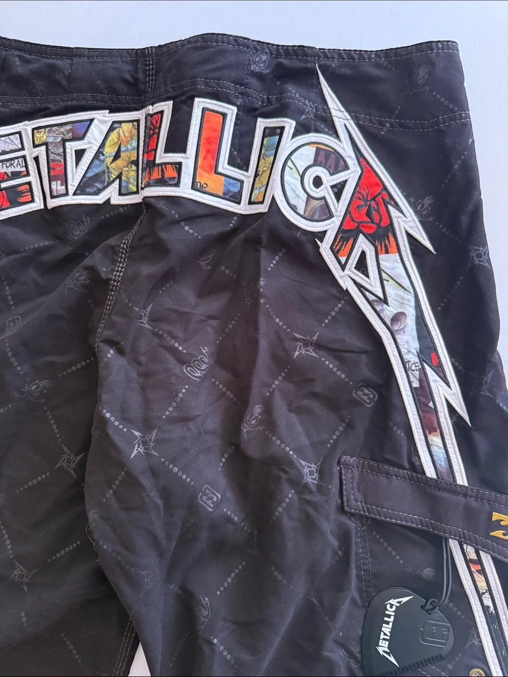 Billabong Black Cargo Pants with Colorful Metallica Graphic